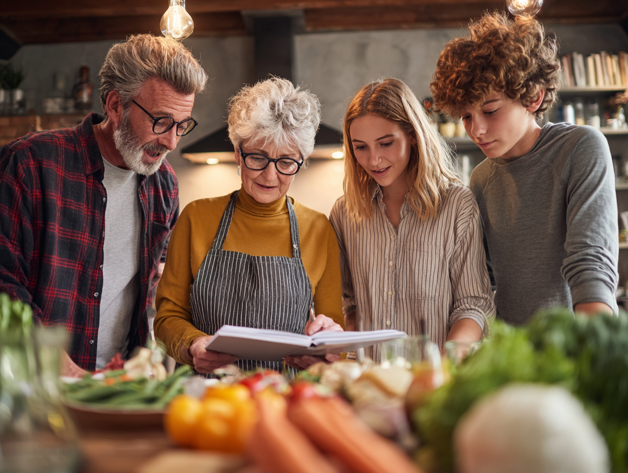 Молода дівчина та бабуся разом вивчають рецепти та плануют меню