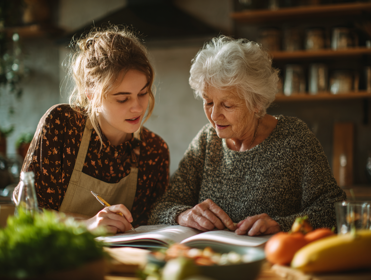 Чоловік середнього віку готує здорову їжу на кухні, використовуючи план меню
